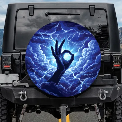 Dark Silhouette Hand Electric Blue Orb Lightning Storm Tumultuous Sky Gift for Drivers Spare Tire Cover
