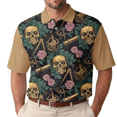 Golden Skulls Brass Instruments Foliage Roses - Science History Gift Men's Polo Shirt