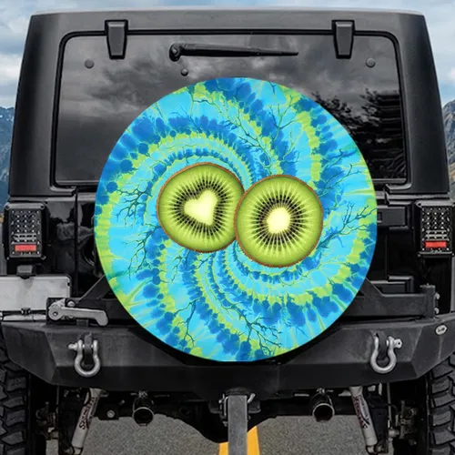Kiwi Fruit Halves Heart Tie-Dye Swirl - Outdoor Adventure Gift Spare Tire Cover