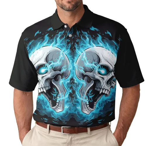 Symmetrically Mirrored White Skull Heads and Glowing Cyan Flames - Skull Lover Gift Men's Polo Shirt