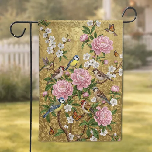Songbirds Peonies Cherry Blossoms Gnarled Branches - Home Decor Gift for Bird Lover Garden Flag