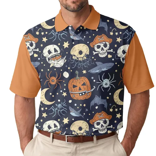 Pirate Skulls Crossbones Pumpkin Shark Spider Bat Crescent Moon - Halloween Party Gift Men's Polo Shirt