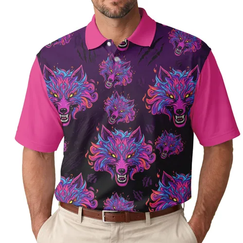 Fierce Wolf Heads Flame Tendrils Energy Patterns Wildlife Lover Gift for Wolf Lover Men's Polo Shirt