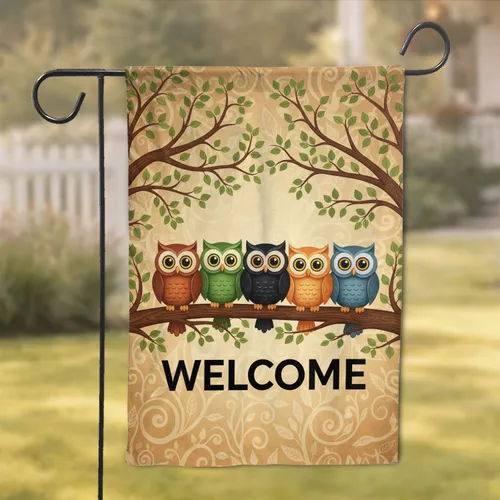 Five Owls Welcome Tree Branch Woodland - Home Decor Gift Garden Flag