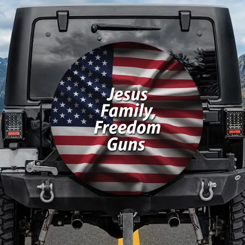 Waving American Flag Jesus Family Freedom Guns - Patriotic Gift for Veterans Spare Tire Cover