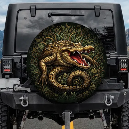 Golden-Brown Alligator Jaws Open Ancient Swamp Forest Shadows Wildlife Lover Gift Spare Tire Cover
