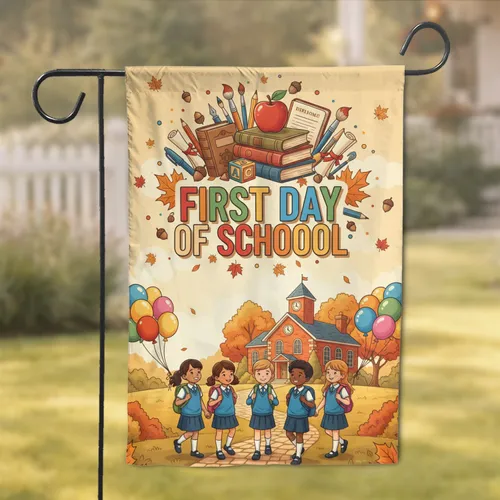 First Day of School Children Schoolhouse Autumn - Back to School Celebration for Students Garden Flag