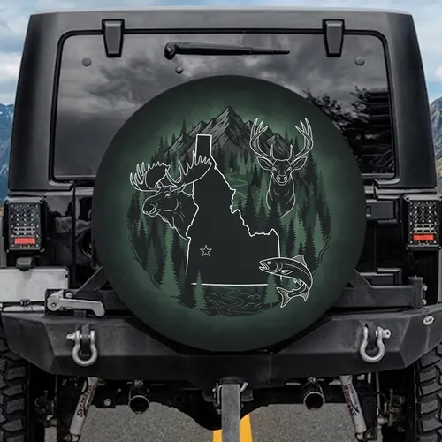 Idaho State Map Moose Deer Fish Mountains River - Wildlife Lover Gift Spare Tire Cover