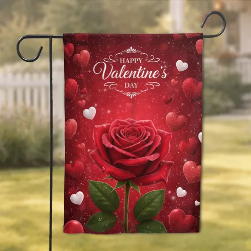 Happy Valentine's Day Crimson Red Rose Floating Hearts - February Holiday Gift for Couples Garden Flag