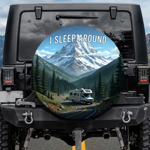 Camper Van Mountain 'I SLEEP AROUND' Alpine Road - Outdoor Adventure Gift Spare Tire Cover