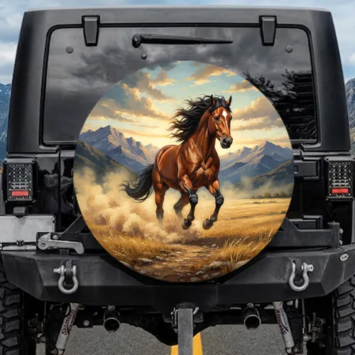 Dust Kicking Galloping Brown Horse Mountain - Wildlife Lover Gift Spare Tire Cover