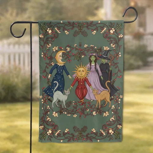 Mystical Botanical Sun Moon Maiden Witch Cats Dance - Boho Home Decor Gift Garden Flag