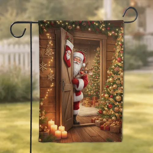 Cheerful Santa Claus Reindeer Rustic Wooden Cabin Door - Festive Christmas Holiday Home Decor Garden Flag
