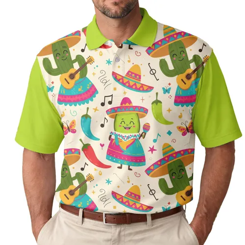 Mariachi Cactus Avocado Chili Sombrero Musical Notes - Cinco de Mayo Fiesta Celebration Men's Polo Shirt