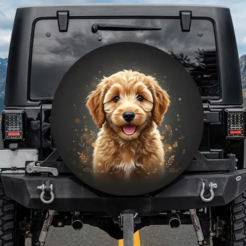 Light Brown Fluffy Goldendoodle Puppy Charcoal Background - Dog Lover Gift for Pet Owners Spare Tire Cover
