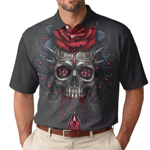 Spiked Metallic Skull Red Rose Chain Gemstone Pendant - Edgy Gothic Lifestyle Gift Men's Polo Shirt
