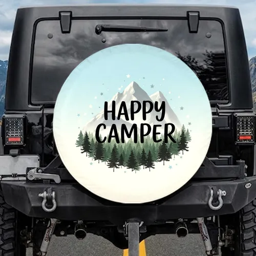 Happy Camper Mountain Peaks Forest Stars - Camping Lifestyle Gift for Campers Spare Tire Cover