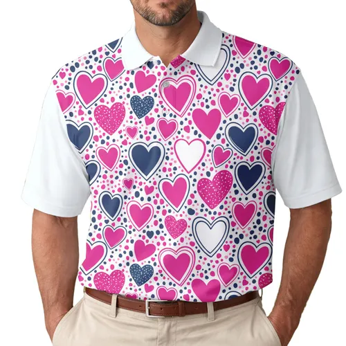 Hot Pink Fuchsia Navy Organic Edge Hearts Dotted Specks - Everyday Style Gift Men's Polo Shirt