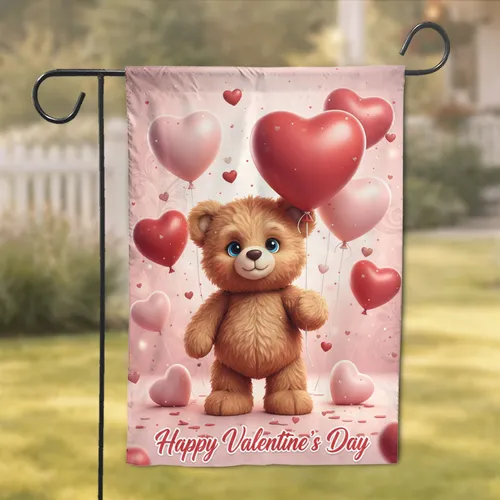 Teddy Bear Red Heart Balloon Happy Valentine's Day Celebration Garden Flag