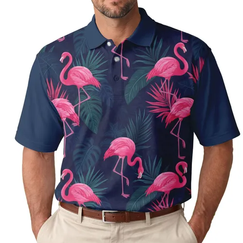 Pink Flamingos Tropical Palm Fronds Ferns Nocturnal Jungle - Tropical Lover Gift Men's Polo Shirt