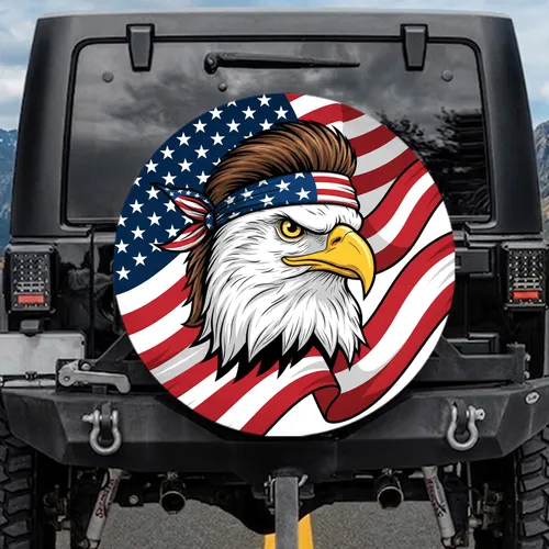 Bald Eagle Mullet American Flag Stars - Independence Day Gift for Veterans Spare Tire Cover