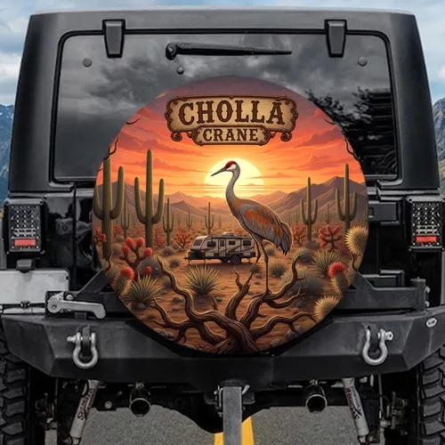Sandhill Crane Cholla Cactus Desert Sunset - Off-Road Adventure Gift Spare Tire Cover