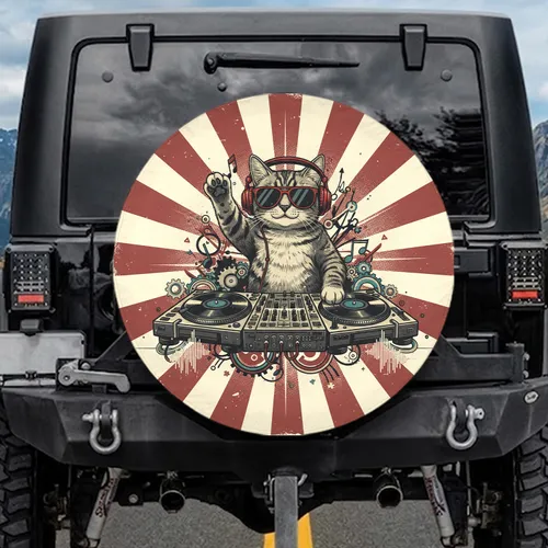 Tabby Cat DJ Turntable Sunburst - Music Lover Gift Spare Tire Cover