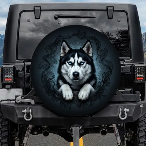 Black White Husky Dog Piercing Blue Eyes Alert Gaze - Dog Lover Gift Spare Tire Cover