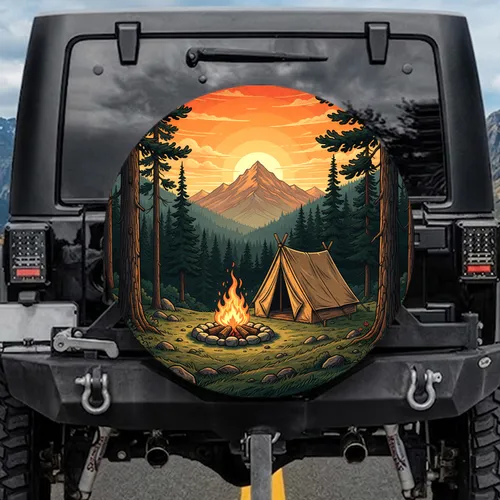 Mountain Campfire A-Frame Tent Sunset - Outdoor Adventure Gift Spare Tire Cover