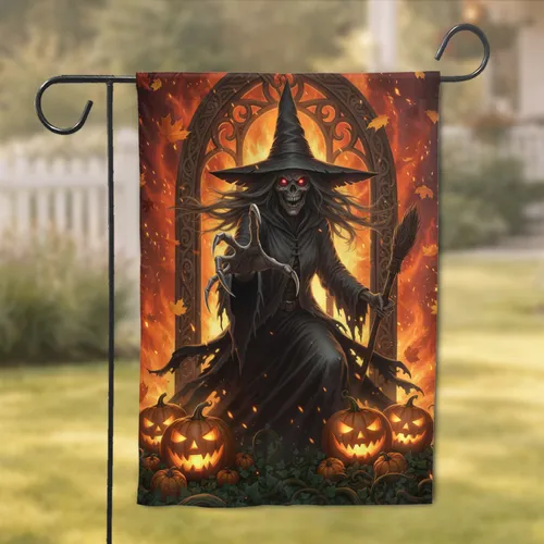 Skeletal Witch Jack-O-Lanterns Autumn Leaves - Halloween Party Decor Garden Flag