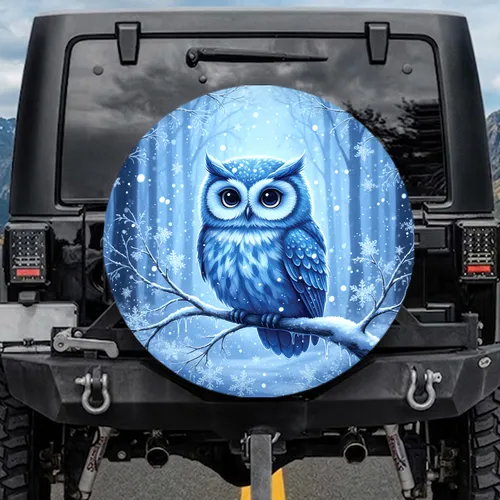 Fluffy Blue Owl Snow Branch Winter Forest - Wildlife Lover Winter Season Gift Spare Tire Cover