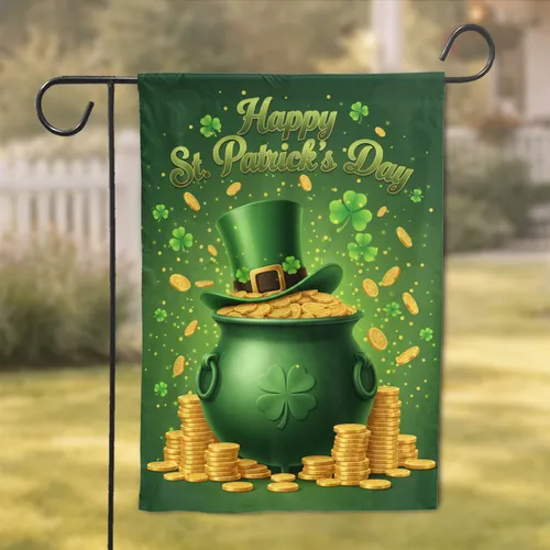 Happy St. Patrick's Day Leprechaun Pot Gold Clover - Holiday Decor Garden Flag