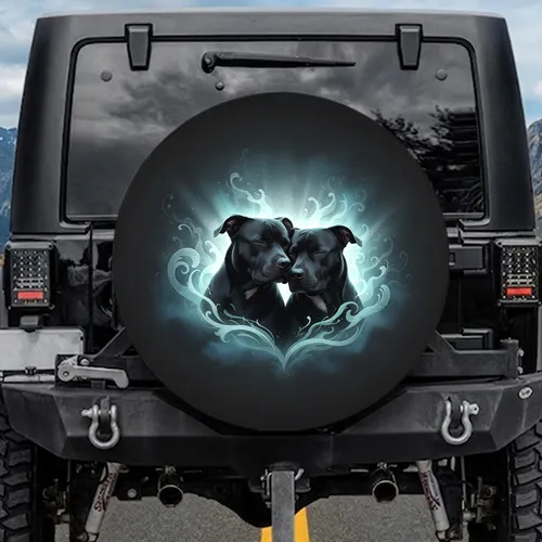 Two Black Pit Bull Dogs Embracing - Dog Lover Vehicle Decor Gift for Dog Owners Spare Tire Cover