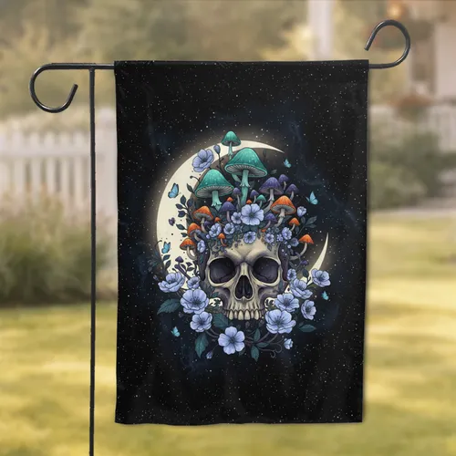 Skull Fantasy Mushroom Moon Night Sky - Gothic Home Decor Gift Garden Flag