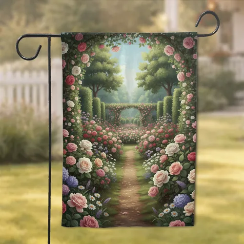 Rose Bush Garden Path Hydrangea Daisy - Home Decor Gift for Garden Lover Garden Flag