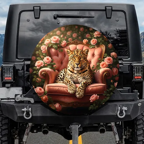 Leopard Pink Roses Garden - Wildlife Lover Home Decor Gift Spare Tire Cover