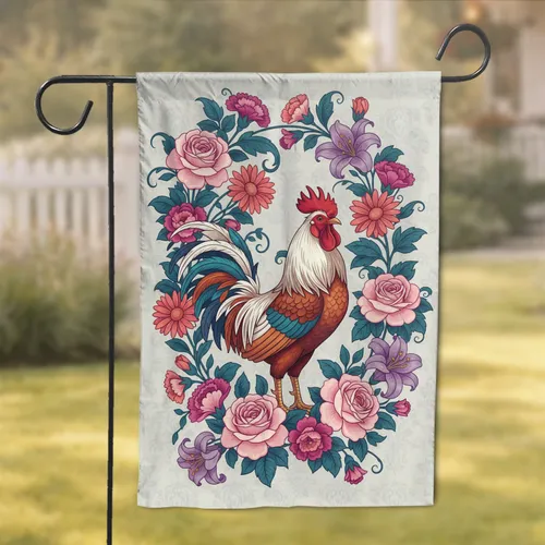 Majestic Rooster Rose Daisy Floral - Farmhouse Home Decor Gift for Garden Lover Garden Flag