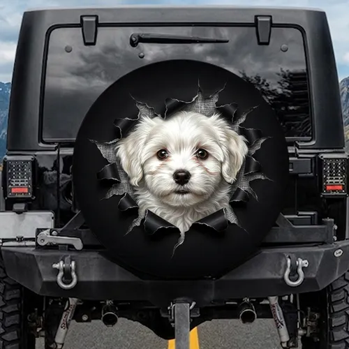Fluffy White Maltese Puppy Head Jagged Shadow - Dog Lover Vehicle Gift Spare Tire Cover