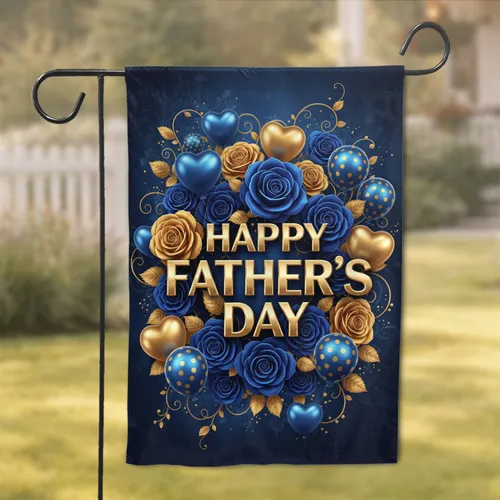 Happy Father's Day Blue Gold Roses Heart Balloons - Father's Day Gift for Dad Garden Flag