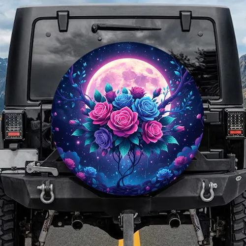 Lush Glowing Roses Full Moon Night Sky - Nature Lover Gift Spare Tire Cover