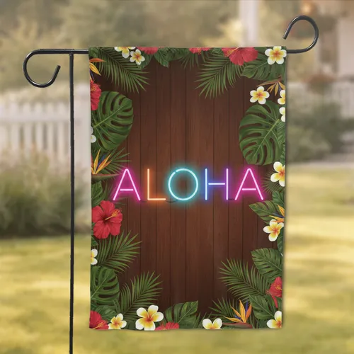 Aloha Neon Plumeria Hibiscus Tropical Hardwood - Home Decor Gift Garden Flag
