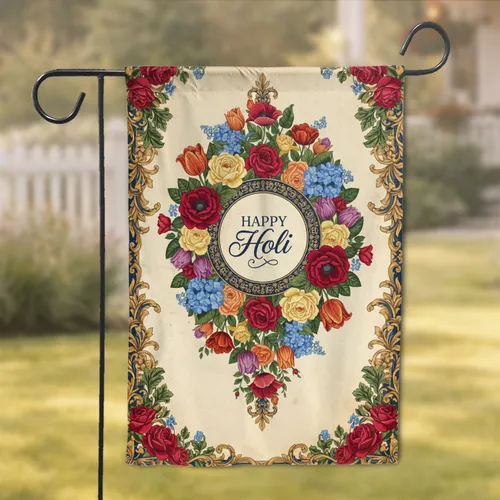 HAPPY Holi Floral Wreath Ornate Frame - Holi Celebration Gift Garden Flag