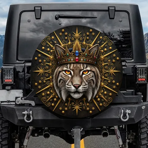 Bobcat Head Golden Crown Runic Patterns - Wildlife Lover Gift for Outdoor Enthusiast Spare Tire Cover