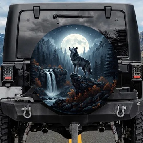 Majestic Grey Wolf Full Moon Rocky Cliff Forest - Wildlife Lover Gift Spare Tire Cover