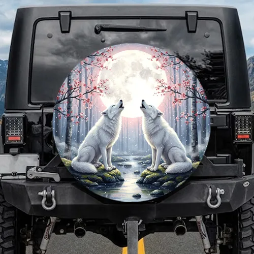 Howling White Wolves Full Moon Forest Stream - Nature Lover Lifestyle Gift Spare Tire Cover