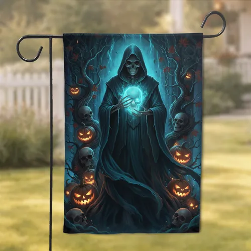 Gothic Cloaked Skeleton Glowing Skull Jack-o'-Lanterns - Haunted Home Decor Garden Flag