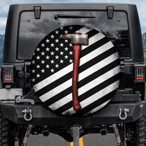 Firefighter Axe Distressed American Flag - Patriotic Gift for Firefighters Veterans Spare Tire Cover
