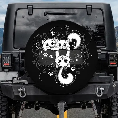 Three Cats Peeking Upside Down Kitty Paw Prints Everyday Vehicle Decor for Cat Lover Spare Tire Cover