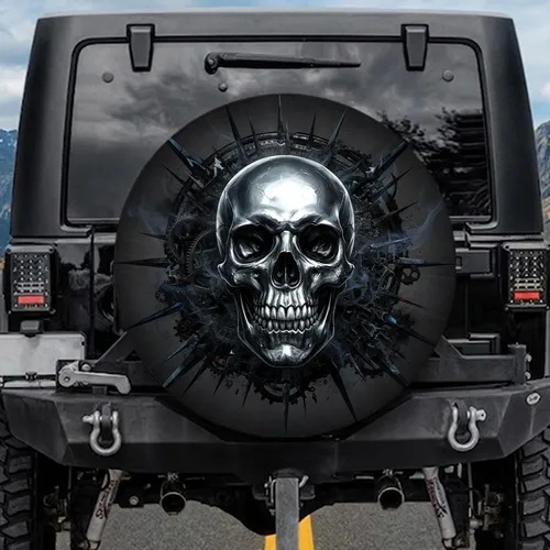 Menacing Polished Metallic Skull Dark Shards - Gothic Decor Gift Spare Tire Cover