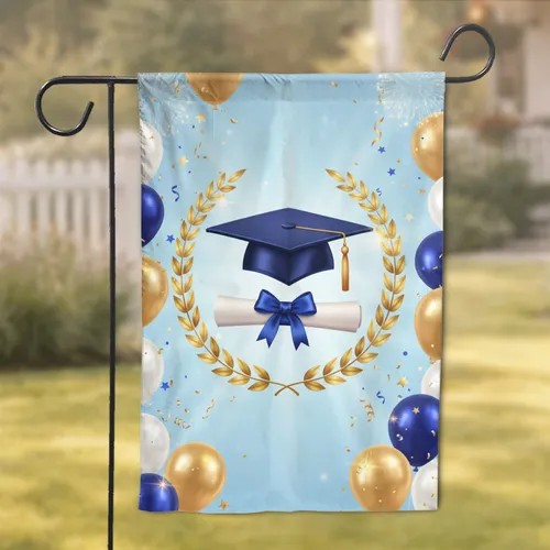 Graduation Cap Diploma Gold Laurel Wreath Balloons - Graduation Celebration Gift Garden Flag